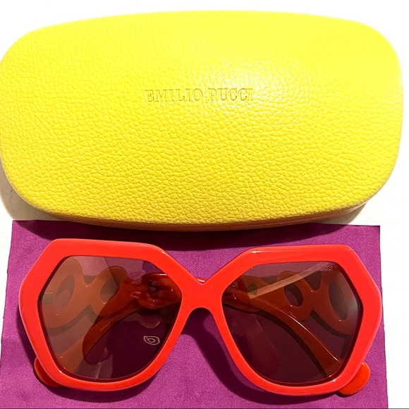 Authentic Emilio Pucci 59mm Geometric Sunglasses Shiny Orange/Mirror Lens - Picture 3 of 17